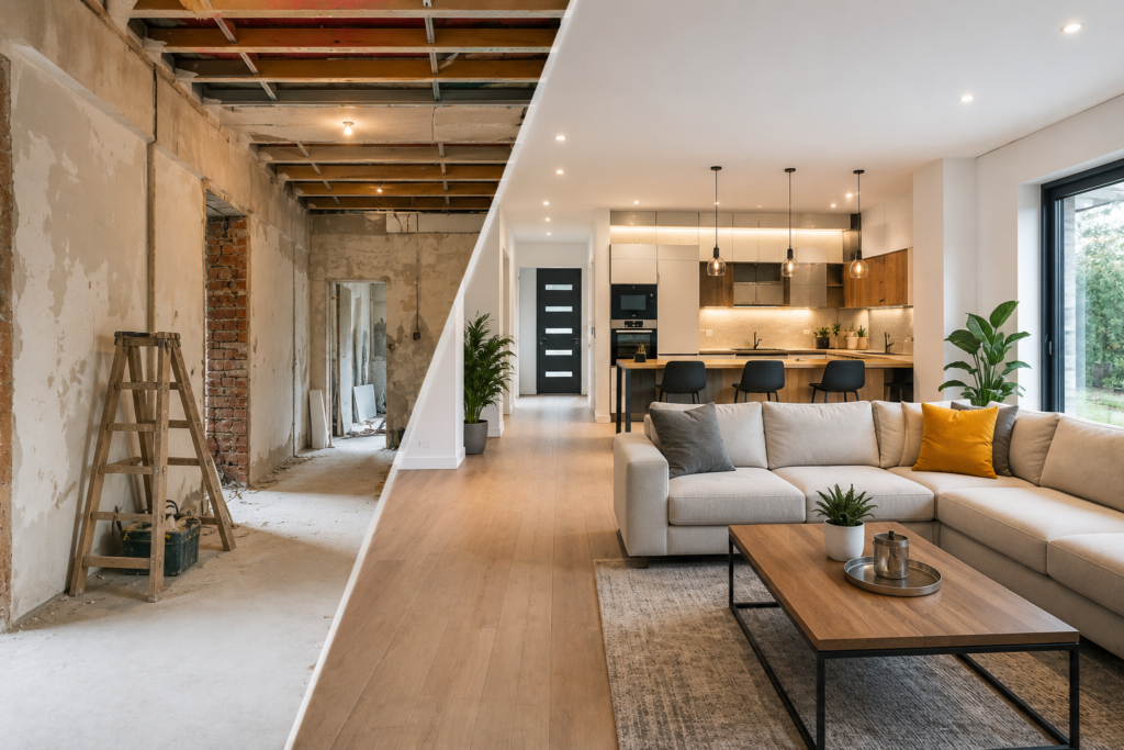 Before and after property renovation showcasing the transformation from an unfinished interior to a modern open-plan living room and kitchen with contemporary design, improved lighting, and functional living space.